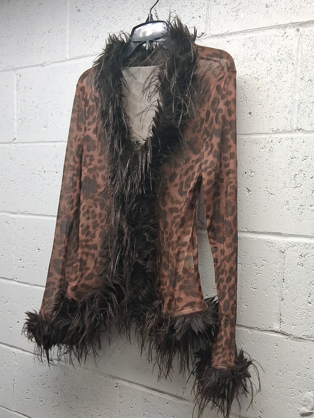NWOT Faux Fur Trim Leopard Print See Through Cardigan  - Brown - Picture 2 of 6